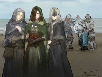 3girls 3others anastacia_of_astora armor ashen_one_(dark_souls) beach bearer_of_the_curse black_dress black_gloves blindfold blonde_hair breastplate brown_hair chosen_undead cloak closed_mouth cowboy_shot dark_souls_(series) dark_souls_i dark_souls_ii dark_souls_iii dress emerald_herald fire_keeper gauntlets gloves green_cloak green_dress grey_hair hair_over_one_eye helm helmet high_five highres hood hood_up hooded_cloak knight long_hair looking_at_viewer multiple_girls multiple_others outdoors sexually_suggestive short_hair simulated_spitroast smile w-51096002