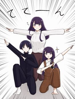 1boy 2girls alternate_costume arm_up asymmetrical_sidelocks barefoot black_hair black_jacket black_pants black_sleeves blouse blunt_bangs blunt_ends blush bright_pupils brown_overalls brown_pants casual cat_ornament closed_mouth collared_shirt contemporary emphasis_lines expressionless eyelashes family frown gakuran genshin_impact hand_up highres jacket kneeling layered_sleeves long_hair long_sleeves looking_at_viewer mole mole_under_eye multiple_girls on_one_knee open_hands outstretched_arms overalls pants pon_oi4 purple_eyes purple_hair raiden_shogun ribbed_shirt scaramouche_(genshin_impact) school_uniform shadow shirt sidelocks smile socks sparkle split_mouth spread_arms swept_bangs three-quarter_sleeves translation_request tsurime undershirt white_background white_pupils white_shirt white_sleeves white_socks wispy_bangs