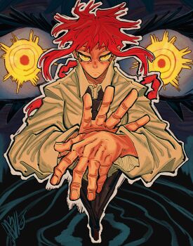 1girl absurdres black_necktie black_pants braid breasts chainsaw_man closed_mouth collared_shirt from_above half-closed_eyes highres long_hair m3ll0_cm makima_(chainsaw_man) medium_breasts necktie outstretched_arms pants red_hair ringed_eyes shirt sidelocks single_braid solo white_shirt yellow_eyes