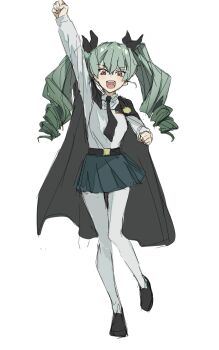 1girl absurdres anchovy_(girls_und_panzer) anzio_school_uniform artist_request breasts brown_eyes clenched_hands closed_mouth drill_hair girls_und_panzer green_hair hair_ribbon highres long_hair looking_at_viewer medium_breasts open_mouth pantyhose ribbon school_uniform simple_background smile solo standing standing_on_one_leg twin_drills twintails white_background white_pantyhose wide_hips