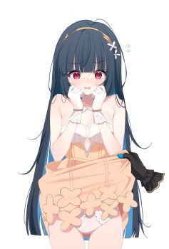 2girls black_hair blue_hair blush breasts cleavage clothes_lift clothing_cutout colored_inner_hair criss-cross_halter deyui dress dress_lift embarrassed extra_pupils female_tyrant_(stella_sora) flying_sweatdrops gloves hairband halterneck hashtag-only_commentary highres lace lace-trimmed_gloves lace_trim lifting_another&#039;s_clothes long_hair multicolored_hair multiple_girls nazuka_(stella_sora) open_mouth orange_dress panties parted_lips peanut_mouth red_eyes short_dress simple_background sleeveless sleeveless_dress small_breasts solo_focus standing stella_sora two-tone_dress two-tone_hair tyrant_(stella_sora) underboob underboob_cutout underwear very_long_hair wavy_mouth white_background white_dress white_gloves white_panties