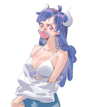1girl aqua_skirt blue_hair bra breasts horns large_breasts long_hair looking_at_viewer mask mouth_mask multicolored_hair one_piece raine_(acke2445) red_hair shirt simple_background skirt solo two-tone_hair ulti_(one_piece) underwear undressing upper_body white_background white_bra white_shirt