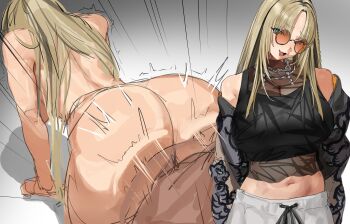 1boy 1girl absurdres ass black_hair blonde_hair blue_eyes breasts cleavage crop_top doggystyle hetero highres hololive hololive_dev_is jacket jacket_partially_removed jigger_e koganei_niko koganei_niko_(1st_costume) large_breasts long_hair midriff multiple_views navel off_shoulder open_mouth pants sex sex_from_behind smile solo_focus sunglasses tinted_eyewear virtual_youtuber