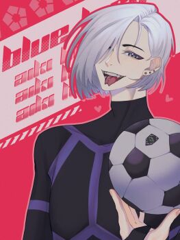 Rule 34 | 1girl, ball, black eyes, blue lock, character name, copyright name, forked tongue, hair over one eye, himizu aiki, outline, pink outline, soccer ball, solo, tongue, upper body, white hair