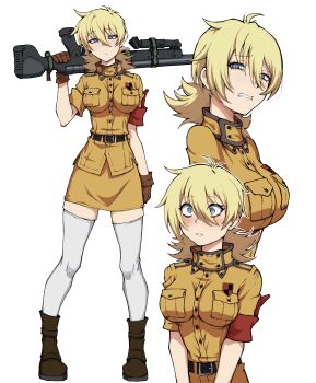 1girl :/ absurdres armband belt black_belt blonde_hair blue_eyes blush boots breast_pocket breasts brown_boots brown_gloves brown_shirt brown_skirt clenched_teeth closed_mouth commentary constricted_pupils full_body gloves gun hair_between_eyes hellsing highres holding holding_gun holding_weapon impossible_clothes impossible_jacket impossible_shirt jacket kekel large_breasts looking_at_viewer medium_hair military_uniform miniskirt multiple_views over_shoulder parted_lips pocket red_armband seras_victoria shirt short_sleeves simple_background skirt standing symbol-only_commentary teeth thighhighs upper_body weapon weapon_over_shoulder white_background white_thighhighs wide-eyed wince
