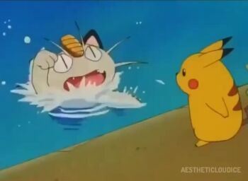 2boys angry animated anime_screenshot asphyxiation beach cat disappointed drowning gen_1_pokemon meowth mouse multiple_boys nintendo pikachu pokemon snapping_fingers sound swimming tagme video
