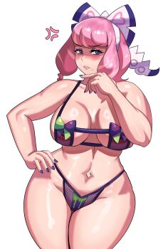 1girl absurdres bikini breasts cleavage clenched_teeth curvy disgust female_focus hand_on_own_hip highres klara_(pokemon) large_breasts lips lipstick makeup nail_polish navel nintendo pink_hair pokemon pokemon_swsh purple_eyes shaded_face shiny_skin simple_background solo swimsuit teeth thong_bikini white_background wide_hips ytrall