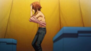 1boy 1girl animated anime_screenshot ass back backboob black_hair blush breasts brown_eyes brown_hair closed_eyes clothes_pull grand_blue hair_between_eyes highres kitahara_iori kotegawa_chisa medium_breasts navel no_bra pants shirt shirt_pull short_hair shoulder_blades sideboob sitting sound stomach tagme topless_female unbuttoned unbuttoned_shirt undressing video wariza white_shirt yellow_shirt