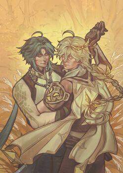 Rule 34 | 2boys, aether (genshin impact), ahoge, arm armor, arm tattoo, arm up, armor, black hair, blonde hair, blue hair, blue pants, braid, brown gloves, brown pants, brown shirt, bug, butterfly, butterfly hair ornament, chinese clothes, closed eyes, closed mouth, cowboy shot, crystalfly (genshin impact), dancing, day, earrings, facial mark, floating hair, forehead mark, from behind, genshin impact, gloves, gold trim, gradient hair, hair between eyes, hair ornament, half-closed eyes, highres, holding hands, insect, jewelry, lips, long hair, looking at another, low-braided long hair, low-tied long hair, male focus, mandarin collar, multicolored hair, multiple boys, necklace, outdoors, pants, parted bangs, pearl necklace, scarf, shirt, short hair, short sleeves, shoulder armor, sidelocks, single bare shoulder, single braid, single earring, sleeveless, sleeveless shirt, smile, standing, tassel, tattoo, tedlybinn, tree, two-tone hair, weeds, white scarf, white shirt, xiao (genshin impact), yaoi, yellow butterfly, yellow eyes