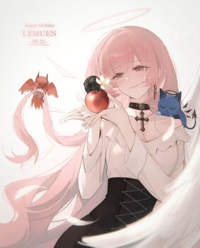 1girl 1other absurdres animal animal_on_shoulder animalization apple arknights bird black_skirt breasts cat chibi cleavage commentary_request dated_commentary doctor_(arknights) earrings fiammetta_(arknights) food fruit halo happy_birthday highres jewelry large_breasts lemuen_(arknights) long_hair mostima_(arknights) pink_eyes pink_hair shirt shokuyou_koori skirt smile very_long_hair white_shirt white_wings wings