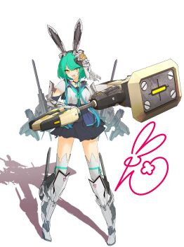 1girl absurdres animal_ear_hairband animal_ears aqua_neckerchief armored_boots blue_hair blue_sailor_collar blue_shirt boots breasts choker commentary_request elbow_gloves fake_animal_ears fascinator full_body gauntlets gloves gradient_hair green_hair hairband hammer highres holding holding_hammer huge_weapon jetpack long_sidelocks looking_at_viewer medium_breasts multicolored_hair neckerchief open_mouth original phantasy_star phantasy_star_online_2 pointy_ears rabbit_ear_hairband rabbit_ears sailor_collar shadow shirt short_hair_with_long_locks short_sleeves sidelocks signature simple_background skirt solo standing thighhighs toji_juukou two-tone_hair two-tone_shirt weapon white_background white_shirt white_thighhighs yellow_eyes