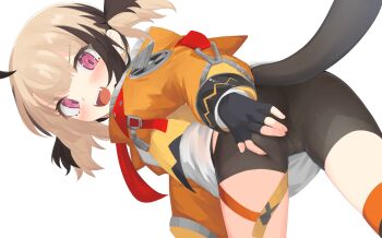 Rule 34 | 1girl, ass, bike shorts, black gloves, fangs, fingerless gloves, gigi murin, gloves, holojustice, hololive, hololive english, hood, hooded shrug, hoodie, multicolored hair, orange hood, orange hoodie, orange shrug, pink eyes, recklessdraw, short twintails, shrug (clothing), twintails, two-tone hair, virtual youtuber, white background