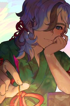 1boy absurdres arven_(pokemon) asada_sadao brown_hair cheek_press closed_mouth commentary_request eyelashes fireworks green_eyes green_jacket hair_over_one_eye hair_ribbon hand_up head_rest highres holding jacket long_hair looking_down low_ponytail male_focus nintendo pokemon pokemon_sv ponytail red_ribbon ribbon smile solo sparkler upper_body