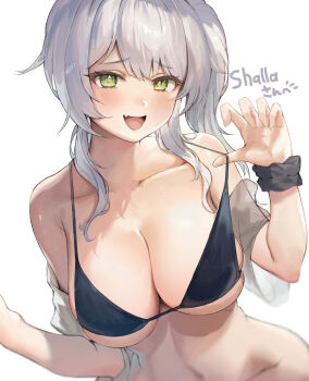 1girl absurdres bikini bikini_pull black_bikini blush breasts cleavage clothes_pull collarbone commentary_request commission commissioner_name cyobiro fangs green_eyes grey_hair hands_up highres indie_virtual_youtuber jacket large_breasts long_hair looking_at_viewer navel off_shoulder open_clothes open_jacket open_mouth rimuchi_(vtuber) second-party_source side_ponytail simple_background skeb_commission skin_fangs solo swimsuit virtual_youtuber white_background white_jacket
