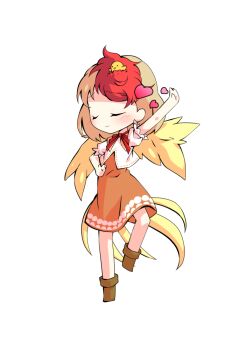 1girl animal animal_on_head baby_animal bird bird_tail blonde_hair boots brown_boots chibi chibi_only chick commentary_request dairi dress feathered_wings full_body large_variant_set multicolored_hair neckerchief niwatari_kutaka on_head orange_dress puffy_short_sleeves puffy_sleeves red_hair red_neckerchief shirt short_hair short_sleeves solo standing standing_on_one_leg tachi-e tail touhou transparent_background two-tone_hair variant_set white_shirt wings