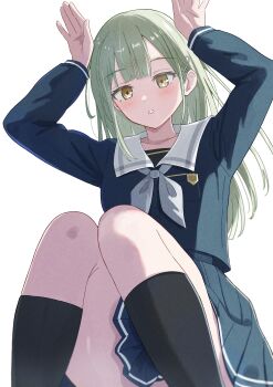 1girl absurdres arms_up azakura_(beniyomogi) bang_dream! bang_dream!_it&#039;s_mygo!!!!! blue_shirt blue_skirt blue_socks commentary green_hair grey_neckerchief hair_ornament hairclip highres kneehighs long_hair neckerchief open_mouth pleated_skirt school_uniform shirt skirt socks solo tsukinomori_school_uniform wakaba_mutsumi yellow_eyes