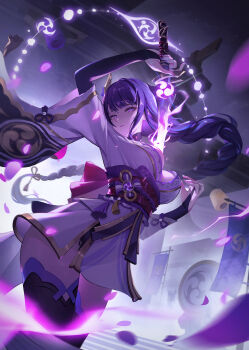 1girl absurdres blush braid breasts bridal_gauntlets chinese_commentary cleavage commentary_request cowboy_shot drawing_sword fingernails flag genshin_impact hair_ornament highres holding holding_sword holding_weapon japanese_clothes kimono large_breasts very_long_braid long_hair looking_at_viewer low-braided_long_hair low-tied_long_hair mole mole_under_eye nail_polish purple_eyes purple_hair purple_kimono purple_nails raiden_shogun sash solo sword thighhighs weapon xhs_xing