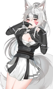 1girl absurdres ahoge animal_ears black_gloves black_headband black_jacket blush breasts cleavage commentary_request covering_own_mouth cowboy_shot eyeliner facial_mark fingerless_gloves gloves grey_hair hair_between_eyes hakurou_(onmyoji) hand_over_own_mouth hands_up headband heart heart-shaped_pupils highres jacket kolimiya large_breasts long_hair looking_at_viewer makeup miniskirt onmyoji onmyoji_arena ponytail red_eyeliner red_eyes simple_background skirt solo symbol-shaped_pupils tail white_background white_skirt wolf_ears wolf_girl wolf_tail