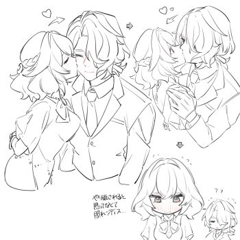 1boy 1girl ? ?? absurdres arms_at_sides arms_behind_back arrow_(symbol) bead_necklace beads blush bow bowtie bracelet braid closed_eyes couple crescent crescent_hair_ornament cropped_torso curtained_hair dress embarrassed eyelashes facing_another flying_sweatdrops formal_clothes genshin_impact gloves greyscale hair_intakes hair_ornament hair_over_one_eye hair_tie half-closed_eyes half_up_braid hand_on_another&#039;s_shoulder hetero highres ikasarumonn jacket jewelry kiss kissing_cheek long_sleeves looking_at_another looking_down low_ponytail monochrome necklace necktie ponytail rerir_(genshin_impact) sequential shirt short_hair short_ponytail short_sleeves shoulder_blades spot_color squinting suit suit_jacket tholindis_(genshin_impact) translation_request undershirt white_background