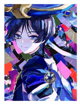 1boy 6v85jrsk9pm5fuq birthmark black_hair blue_cape blue_hat blue_sleeves blunt_ends border bright_pupils cape closed_mouth constellation eyeliner eyeshadow from_side genshin_impact gold grey_eyes hat japanese_clothes jingasa kimono layered_sleeves looking_at_viewer makeup male_focus mandarin_collar multicolored_hair purple_hair red_eyeliner red_eyeshadow scaramouche_(genshin_impact) short_sleeves simple_background smile solo split_mouth star_(symbol) streaked_hair tsurime tulaytullah&#039;s_remembrance_(genshin_impact) wanderer_(genshin_impact) white_border white_hair white_kimono white_pupils white_sleeves wispy_bangs
