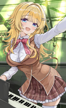 1girl :d blonde_hair blue_eyes blunt_bangs blush bow bowtie breasts brown_skirt brown_vest buttons collared_shirt commentary cowboy_shot double-breasted eyelashes floating_hair frilled_skirt frills hair_intakes hair_ornament hairclip happy highres indoors instrument junyongkim9 keyboard_(instrument) large_breasts limelight_lemonade_jam long_hair long_sleeves looking_at_viewer miniskirt open_mouth outstretched_arm parallel_hairclips plaid_bow plaid_bowtie plaid_clothes plaid_skirt pleated_skirt red_bow red_bowtie shimakoshi_tsukimi shirt sidelocks skirt smile solo stage stage_lights thighhighs vest white_shirt white_thighhighs zettai_ryouiki