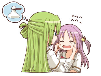 2girls absurdres alina_gray aqua_eyes blunt_ends blush bow cheek_pinching cheek_pull closed_eyes commentary_request green_hair hair_between_eyes hair_ornament hair_ribbon hair_rings highres magia_record:_mahou_shoujo_madoka_magica_gaiden mahou_shoujo_madoka_magica medium_hair misono_karin multiple_girls open_mouth orange_ribbon parted_bangs parted_hair pinching purple_hair ribbon rioran sakae_general_school_uniform school_uniform single_hair_ring star_(symbol) star_hair_ornament straight_hair two_side_up wristband