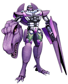 1990s_(style) 1boy artist_request beast_wars beast_wars:_transformers clenched_teeth dinosaur fangs full_body grin grinding highres looking_at_viewer machine machinery male_focus mecha megatron_(beast_wars) no_humans personification predacon red_eyes retro_artstyle robot sharp_teeth simple_background smile solo teeth transformers tyrannosaurus_rex weapon white_background