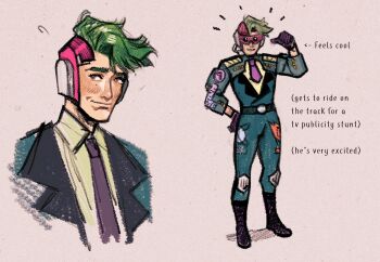 1boy ^^^ belt boots cyborg english_text f-zero formal_clothes full_body gloves green_hair highres knee_pads monkii_(mjooolnina) mr._zero_(f-zero) multiple_views necktie nintendo smile solo standing suit