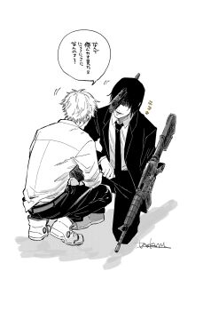 Rule 34 | 2boys, black jacket, black necktie, black pants, chainsaw man, collared shirt, denji (chainsaw man), facing another, formal clothes, greyscale, gun devil (chainsaw man), hayakawa aki, highres, jacket, looking at another, monochrome, multiple boys, necktie, open mouth, pants, shirt, shirt tucked in, signature, simple background, speech bubble, squatting, suit, suit jacket, translation request, tsuke (task), white background, white shirt