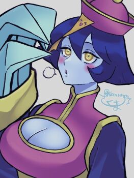 1girl :o breasts cleavage_cutout clothing_cutout commentary_request darkstalkers highres hsien-ko jiangshi jiangshi_costume looking_up ofuda ofuda_on_head open_mouth skm_nnm solo upper_body