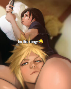 1boy 1girl black_hair black_shirt blonde_hair blue_eyes blurry blurry_background cloud_strife commentary couple crying_emoji emoji english_commentary english_text final_fantasy final_fantasy_vii final_fantasy_vii_remake head_between_thighs hetero highres holding holding_phone i&#039;m_this_clingy_(meme) indoors lips long_hair looking_at_object looking_at_viewer meme phone pillow red_eyes revision shirt short_hair short_sleeves spiked_hair spykeee thigh_focus thighs tifa_lockhart twitter_username