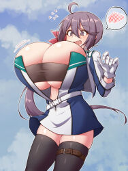 Rule 34 | 1girl, ahoge, akebono (kancolle), akebono (race queen mode) (kancolle), alternate breast size, bandeau, black thighhighs, blue dress, blue sky, breast expansion, breasts, cloud, commentary request, dress, fang, flower, gloves, grey bandeau, grey hair, hair flower, hair ornament, highres, huge breasts, kantai collection, long hair, open clothes, race queen, short dress, side ponytail, sky, solo, spoken blush, thighhighs, white gloves, yuki to hana