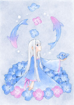 1girl blue_dress blue_eyes chiori_n colored_pencil_(medium) commentary_request dress expressionless fish flower highres hydrangea long_hair looking_up original solo traditional_media white_hair