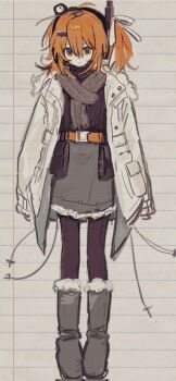 1girl a.i._voice adachi_rei adapted_costume aran_sweater arms_at_sides belt belt_pouch black_pantyhose black_sweater boots cable_knit dill_(adachi_rei_zero) full_body fur-trimmed_boots fur-trimmed_jacket fur_trim grey_boots grey_scarf grey_skirt hair_ribbon headlamp headphones highres jacket knee_boots lined_paper long_sleeves looking_at_viewer medium_hair one_side_up open_clothes open_jacket orange_belt orange_eyes orange_hair pantyhose pouch radio_antenna ribbon scarf skirt smile solo standing sweater sweater_tucked_in utau white_jacket white_ribbon winter_clothes
