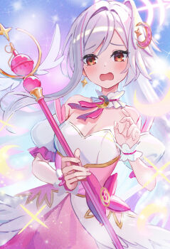 1girl absurdres blue_archive blush crescent crescent_hair_ornament diamond_earrings dress earrings grey_hair hair_ornament highres holding holding_wand jewelry looking_at_viewer madopen medium_hair mole mole_under_eye multicolored_hair official_alternate_costume open_mouth pink_hair red_eyes solo streaked_hair suzumi_(blue_archive) suzumi_(magical)_(blue_archive) wand white_dress white_wrist_cuffs wrist_cuffs