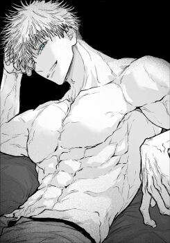 Rule 34 | 1boy, abs, black background, blue eyes, collarbone, commentary request, gojou satoru, greyscale, highres, jujutsu kaisen, male focus, male underwear, male underwear peek, monochrome, muscular, muscular male, nay bb, no nipples, pectorals, short hair, sitting, smile, solo, spot color, topless male, underwear, veins, veiny arms, veiny crotch