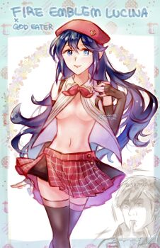 10s 1girl alisa_ilinichina_amiella alisa_ilinichina_amiella_(cosplay) black_footwear black_thighhighs blue_eyes blue_hair blush boots breasts chrom_(fire_emblem) cosplay elbow_gloves father_and_daughter fingerless_gloves fire_emblem fire_emblem_awakening gloves god_eater god_eater_2:_rage_burst hat highres liefe long_hair looking_at_viewer lucina_(fire_emblem) monochrome navel nintendo project_x_zone_2 short_hair simple_background skirt smile thigh_boots thighhighs underboob