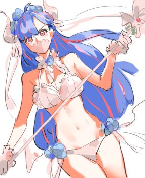 1girl blue_hair bra breasts cleavage horns large_breasts long_hair looking_at_viewer mask mouth_mask multicolored_hair navel one_piece panties pink_eyes pink_hair pink_mask raine_(acke2445) solo staff ulti_(one_piece) underwear white_bra white_hair white_horns white_panties