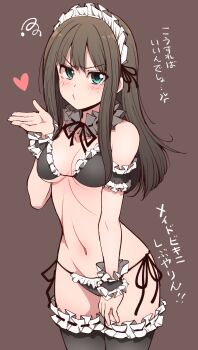 1girl anger_vein annoyed apron aqua_eyes arm_up bikini black_hair blowing_kiss blush breasts brown_background cleavage collar commentary_request detached_collar detached_sleeves frilled_bikini frilled_collar frilled_cuffs frills hair_between_eyes highres idolmaster idolmaster_cinderella_girls large_breasts legs light_blush long_hair maid maid_apron maid_bikini maid_headdress navel pout revision serebi_ryousangata shibuya_rin sidelocks solo swimsuit thighhighs thighs translation_request unconventional_maid underboob upper_body zettai_ryouiki