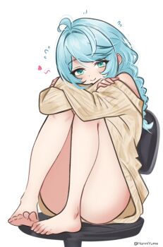 1girl absurdres bare_shoulders barefoot blue_eyes blue_hair blush chair closed_mouth crossed_arms feet hanniyume heart highres looking_at_viewer ponytail seed_(zenless_zone_zero) signature sitting smile solo thighs white_background zenless_zone_zero