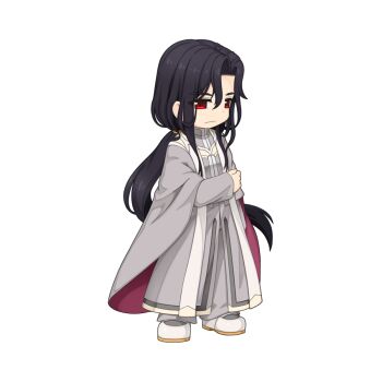 1boy black_hair chibi chibi_only closed_mouth expressionless full_body grey_robe long_hair long_sleeves looking_at_viewer male_focus official_art ragnarok_online red_eyes reinhart_lugenberg robe shoes simple_background solo transparent_background white_shoes yuichirou