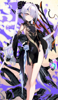 1girl bare_shoulders black_dress black_gloves breasts china_dress chinese_clothes choco_(chocolate_shop) commentary_request double_bun dragon dress fate/grand_order fate_(series) forked_eyebrows gloves hair_bun hair_ornament long_hair looking_at_viewer melusine_(fate) parted_lips pelvic_curtain sidelocks small_breasts smile thighs twintails white_hair yellow_eyes