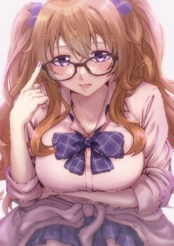 1girl absurdres adjusting_eyewear arm_under_breasts black-framed_eyewear blush bow bowtie breasts brown_hair cardigan cardigan_around_waist cleavage clothes_around_waist collared_shirt crossed_bangs double-parted_bangs dress_shirt glasses gyaru gyarugasaki hair_bobbles hair_ornament highres kashinoshi kogal konoe_kanata large_breasts long_hair looking_at_viewer loose_bowtie love_live! love_live!_nijigasaki_high_school_idol_club lower_teeth_only miniskirt open_collar open_mouth pink_shirt plaid_clothes plaid_skirt pleated_skirt purple_bow purple_bowtie purple_cardigan purple_eyes purple_nails purple_skirt school_uniform shirt simple_background skirt sleeves_rolled_up solo teeth three-quarter_sleeves two_side_up white_background
