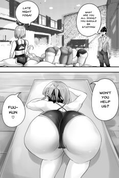 1boy 5girls ahoge ass ass_focus cameltoe dolphin_shorts english_text from_behind go-toubun_no_hanayome greyscale heart highres huge_ass long_hair looking_at_viewer looking_back monochrome multiple_girls nakano_ichika nakano_itsuki nakano_miku nakano_nino nakano_yotsuba o22no pants realistic_background short_hair short_shorts shorts speech_bubble stretching top-down_bottom-up uesugi_fuutarou yoga yoga_pants