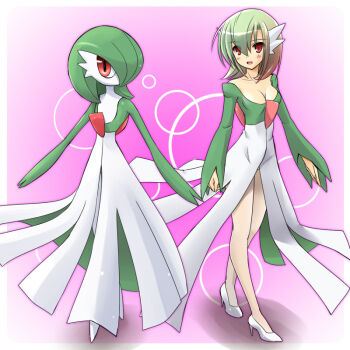 00s 2girls bare_legs breasts cleavage creature_and_personification gardevoir gen_3_pokemon green_hair half-skirt high_heels medium_breasts moemon multiple_girls nintendo no_feet open_mouth personification pokemon pokemon_(creature) pokemon_rse red_eyes shoes tenjou_ryuka