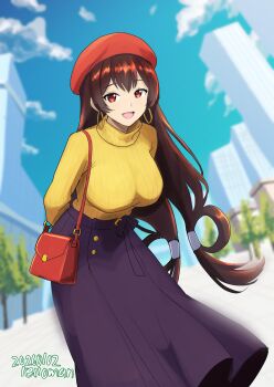 1girl absurdres arms_behind_back artist_name bag beret breasts brown_hair city commentary_request contemporary dated earrings fate/grand_order fate_(series) hair_rings handbag hat highres hoop_earrings it_man jewelry large_breasts long_hair long_skirt skirt sweater xuangzang_sanzang_(fate) yellow_sweater