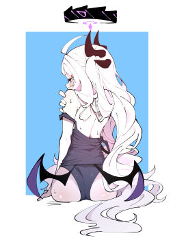 1girl absurdres ass back black_halo black_wings blue_archive blue_background blue_one-piece_swimsuit border demon_girl demon_horns demon_wings from_behind halo haluu0813 hand_on_own_shoulder highres hina_(blue_archive) hina_(swimsuit)_(blue_archive) horns invisible_chair loli long_hair looking_to_the_side low_wings multicolored_halo multiple_horns old_school_swimsuit one-piece_swimsuit outside_border partially_undressed purple_eyes purple_halo purple_wings school_swimsuit simple_background sitting solo swimsuit two-tone_halo two-tone_wings very_long_hair wet white_border white_hair wings