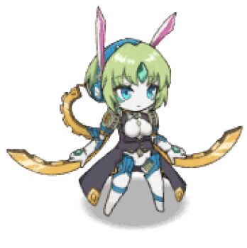 1girl android animal_ears animated animated_png artist_request black_coat blue_hairband breasts breasts_out brynhildr_(mon-musu_quest!) chibi coat coattails colored_skin forehead_jewel full_body gears gem green_eyes green_gemstone green_hair hairband hand_jewel large_breasts looping_animation lowres mechabare mon-musu_quest! mon-musu_quest:_paradox monster_musume_td no_nipples rabbit_ears robot_ears shadow short_hair simple_background solo standing third-party_source transparent_background white_skin