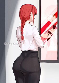 1girl adjusting_clothes adjusting_necktie ass ass_focus black_necktie black_pants braid braided_ponytail chainsaw_man closed_mouth from_behind highres long_hair looking_at_viewer makima_(chainsaw_man) mirror necktie orange_eyes pants reflection ringed_eyes shirt shirt_tucked_in smile solo white_shirt yuushiba