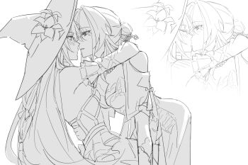 2girls arms_around_neck bare_shoulders blush breasts cleavage closed_eyes dress flower greyscale hat hat_flower herta_(honkai:_star_rail) highres honkai:_star_rail honkai_(series) imminent_kiss kiss looking_at_another mii_(mii_10297) monochrome multiple_girls parted_lips ruan_mei_(honkai:_star_rail) the_herta_(honkai:_star_rail) witch_hat yuri